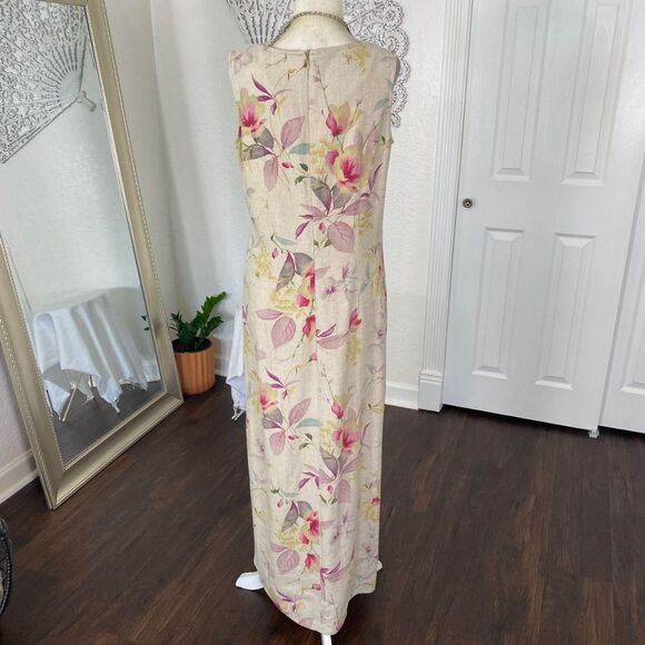Liz Claiborne Vintage Tan Cream Pastel Flower Boho Floral Linen Midi Maxi Dress - Picture 5 of 8